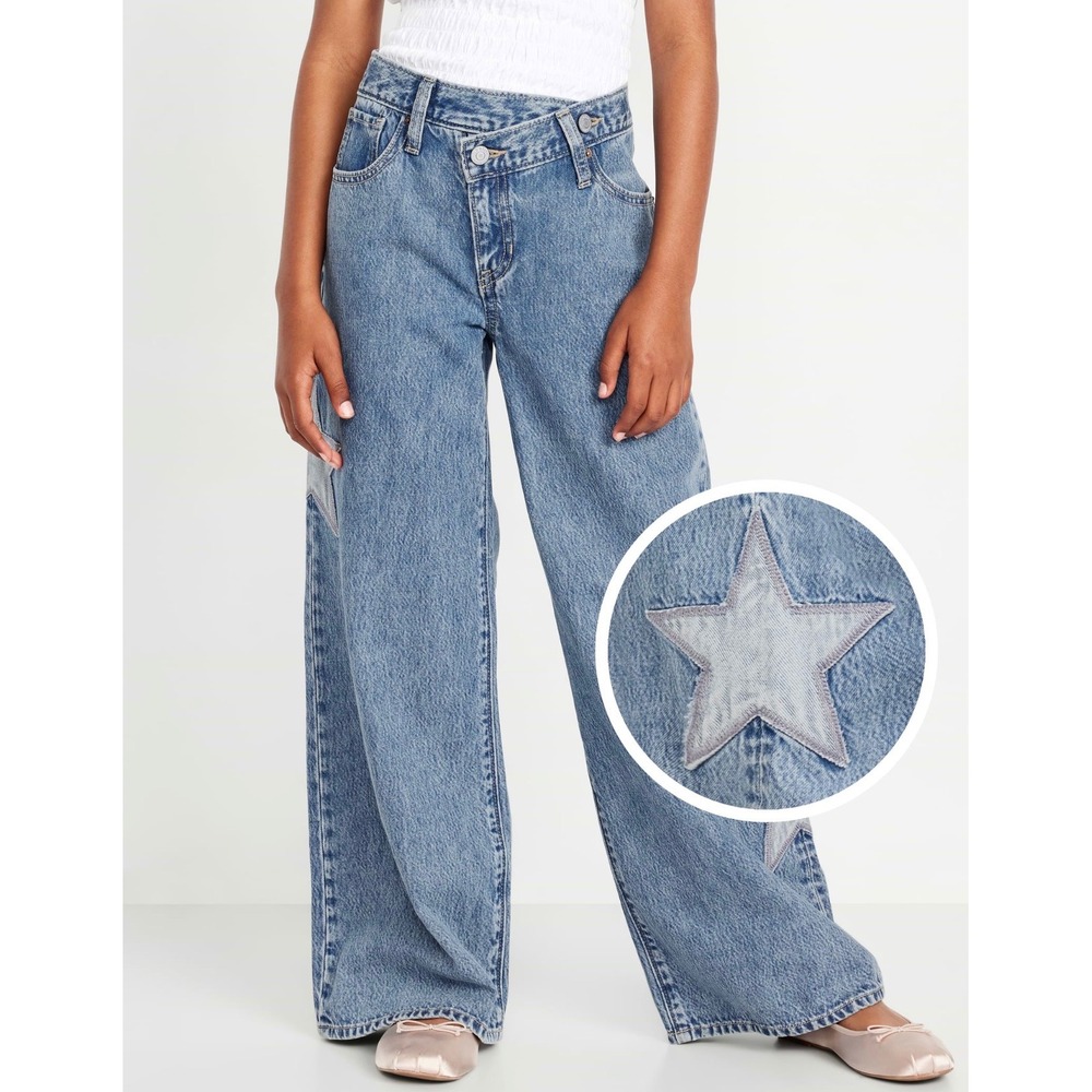 Old Navy 2025 HR Super Baggy Star Patch Crossover Wide-Leg Jeans Girls Size‎ 6